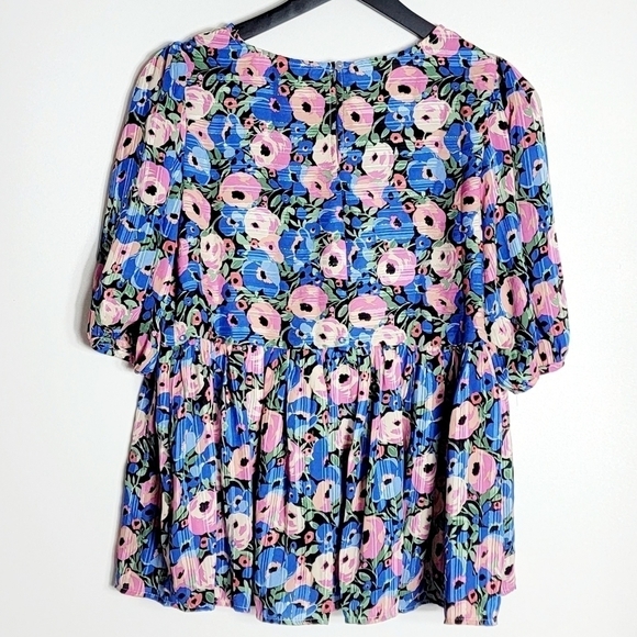 Umgee Floral Print Metallic Thread Puff Short Sleeves Peplum Women Blouse Size S - Picture 6 of 6